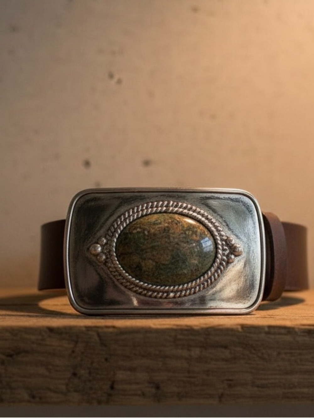 Decorative Silver-Tone Buckle with Green Stone (UNISEX)